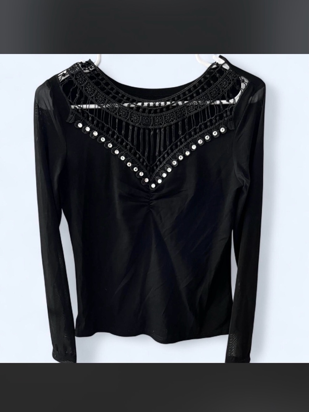 nwt red pepper black long sleeve mesh top lace rhinestone xl